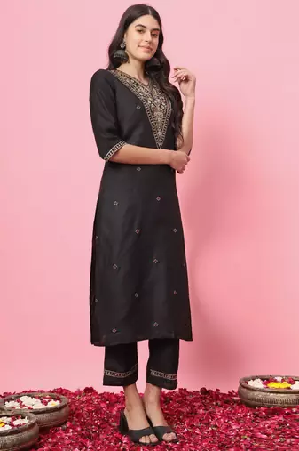 Black embroidered cotton blend salwar suit