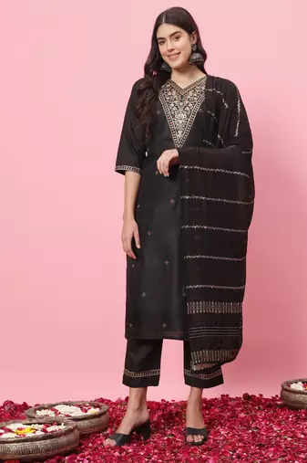 Black embroidered cotton blend salwar suit