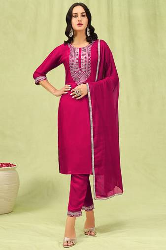 Pink embroidered silk blend salwar suit