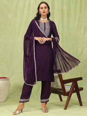 Purple embroidered silk blend salwar suit 1