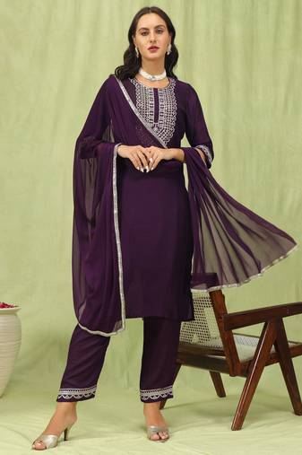 Purple embroidered silk blend salwar suit