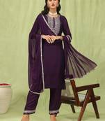 Purple embroidered silk blend salwar suit