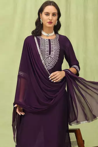 Purple embroidered silk blend salwar suit