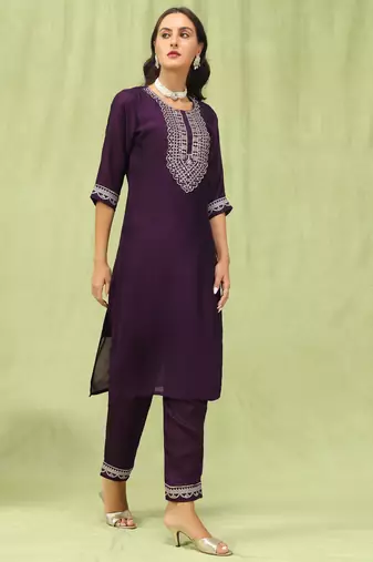 Purple embroidered silk blend salwar suit