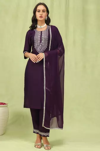 Purple embroidered silk blend salwar suit