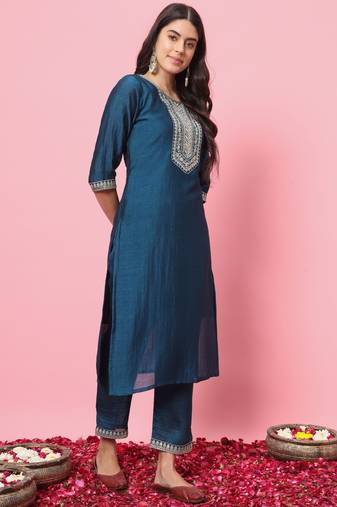 Teal blue embroidered silk blend salwar suit