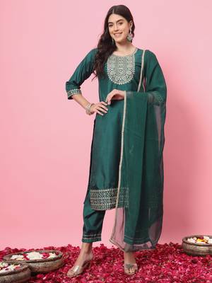 Green embroidered silk blend salwar suit 1