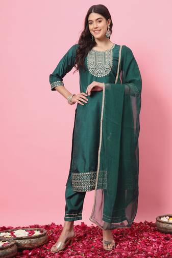 Green embroidered silk blend salwar suit