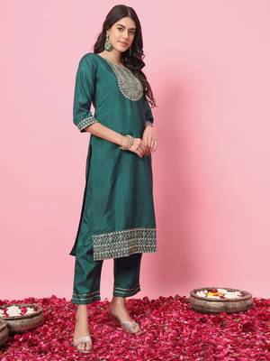 Green embroidered silk blend salwar suit 2
