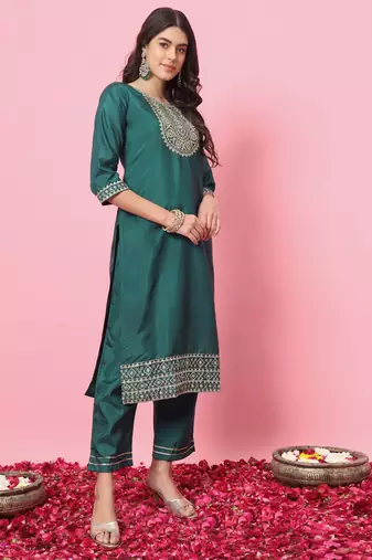 Green embroidered silk blend salwar suit