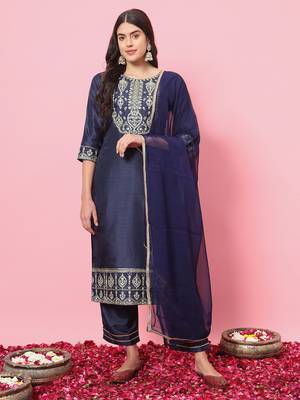 Navy blue embroidered silk blend salwar suit 1