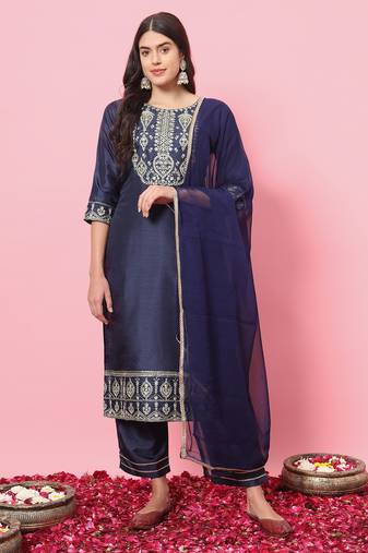 Navy blue embroidered silk blend salwar suit