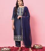 Navy blue embroidered silk blend salwar suit
