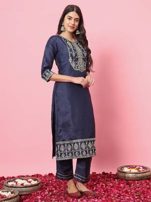Navy blue embroidered silk blend salwar suit 2