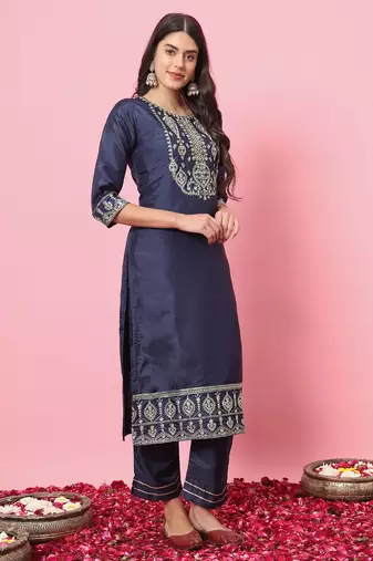 Navy blue embroidered silk blend salwar suit