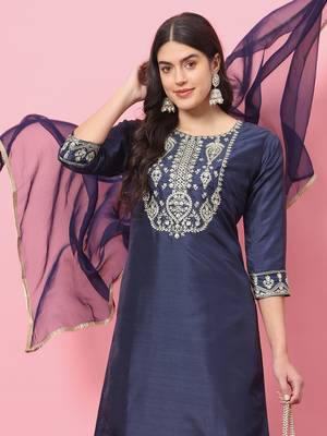 Navy blue embroidered silk blend salwar suit 3