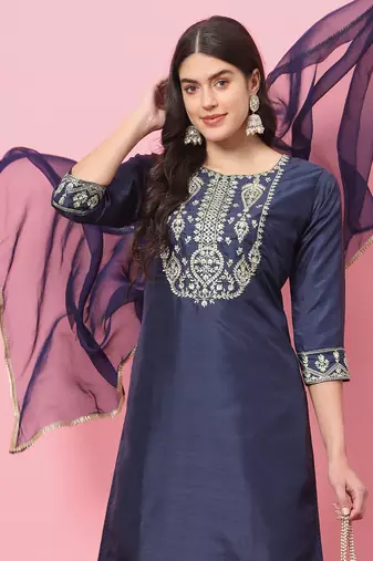 Navy blue embroidered silk blend salwar suit