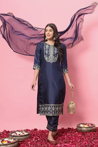 Navy blue embroidered silk blend salwar suit