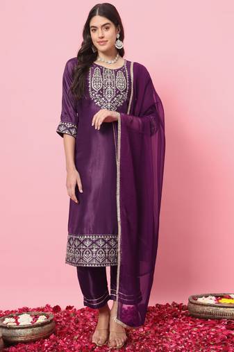 Purple embroidered silk blend salwar suit