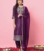 Purple embroidered silk blend salwar suit