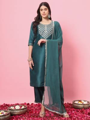 Teal embroidered silk blend salwar suit 1