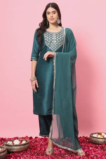 Teal embroidered silk blend salwar suit