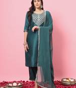 Teal embroidered silk blend salwar suit