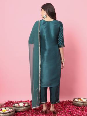 Teal embroidered silk blend salwar suit 2