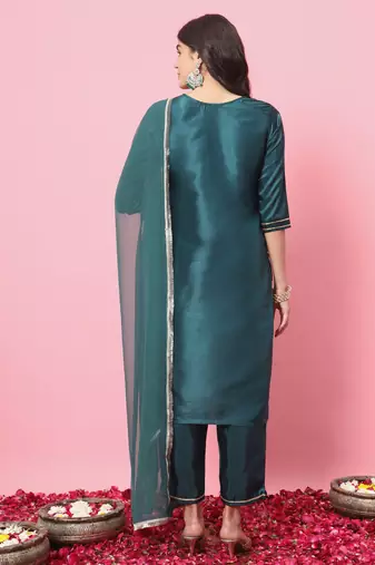 Teal embroidered silk blend salwar suit