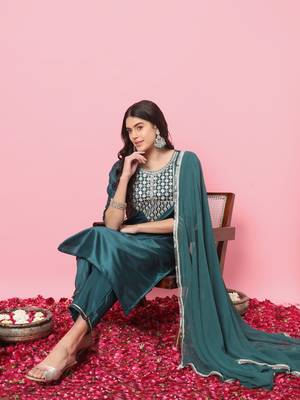 Teal embroidered silk blend salwar suit 3