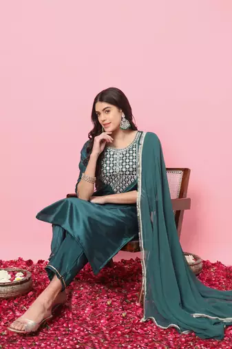 Teal embroidered silk blend salwar suit