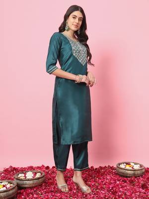 Teal embroidered silk blend salwar suit 4