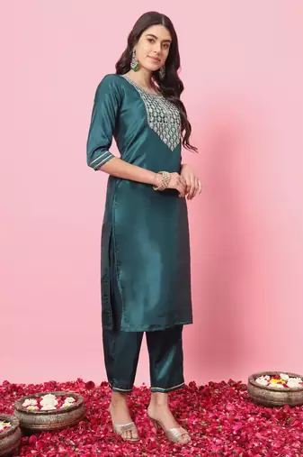 Teal embroidered silk blend salwar suit