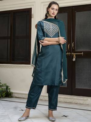 Teal embroidered silk blend salwar suit 1