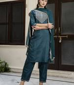 Teal embroidered silk blend salwar suit