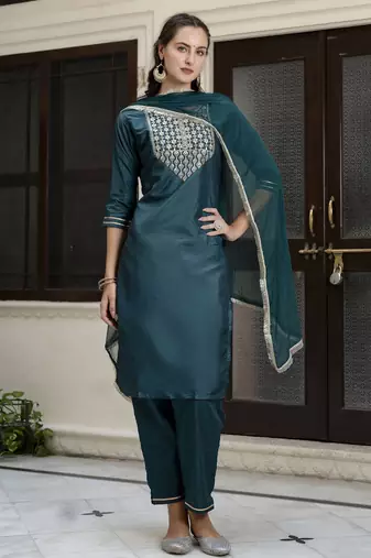 Teal embroidered silk blend salwar suit