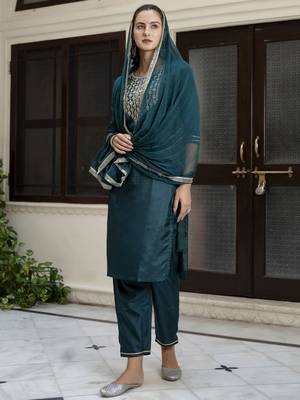 Teal embroidered silk blend salwar suit 3