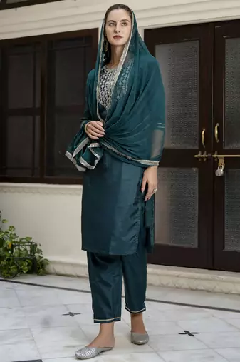 Teal embroidered silk blend salwar suit