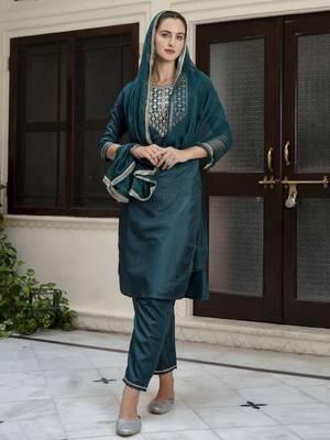 Teal embroidered silk blend salwar suit 4