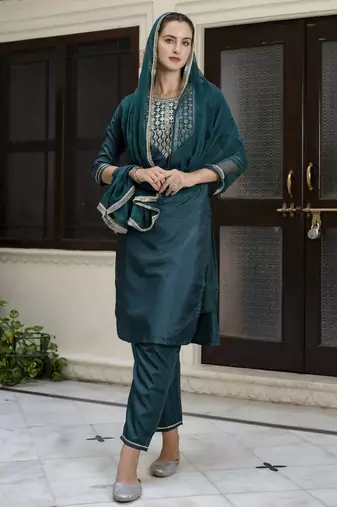 Teal embroidered silk blend salwar suit
