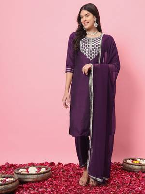 Purple embroidered silk blend salwar suit 1