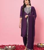 Purple embroidered silk blend salwar suit