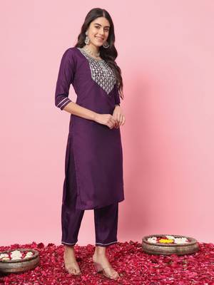 Purple embroidered silk blend salwar suit 2