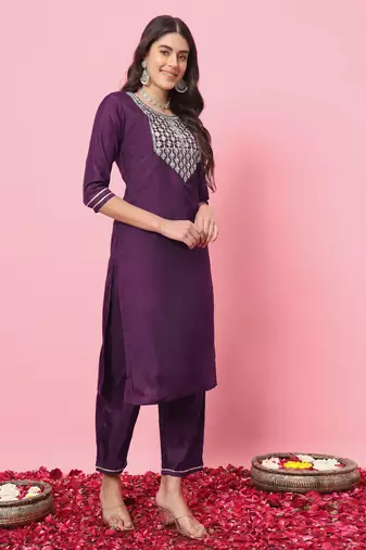 Purple embroidered silk blend salwar suit