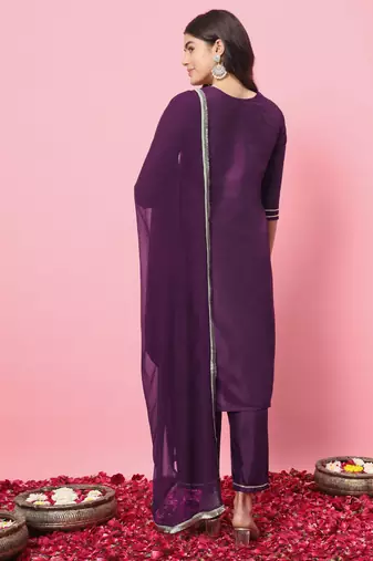 Purple embroidered silk blend salwar suit