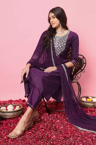 Purple embroidered silk blend salwar suit