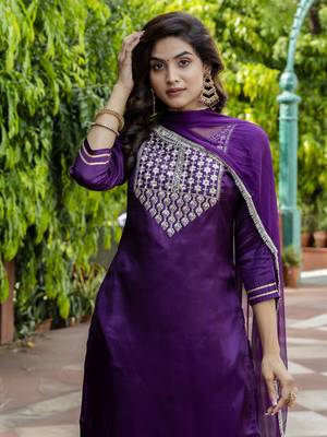 Purple embroidered silk blend salwar suit 2
