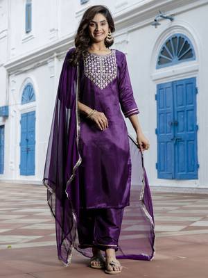 Purple embroidered silk blend salwar suit 3