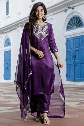 Purple embroidered silk blend salwar suit