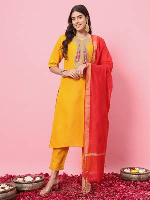 Yellow embroidered cotton blend salwar suit 1